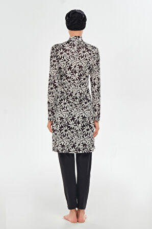 Likralı Tam Kapalı Tesettür Mayo Desenli 3101 Siyah | XL