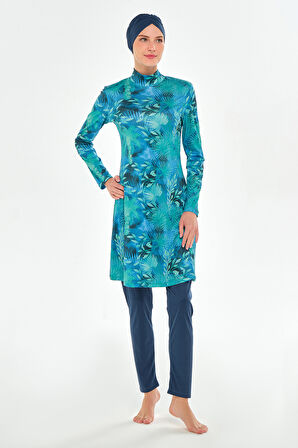 Likralı Tam Kapalı Tesettür Mayo Desenli 3102 Açık Lacivert | XL