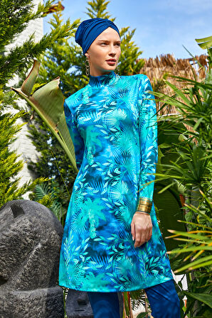 Likralı Tam Kapalı Tesettür Mayo Desenli 3102 Açık Lacivert | XXL