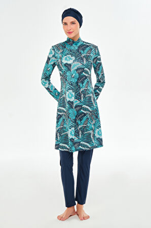 Likralı Tam Kapalı Tesettür Mayo Desenli 3104 Koyu Lacivert | L