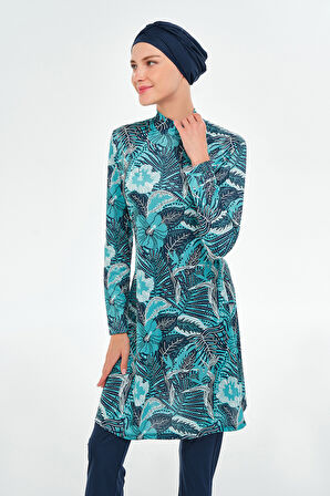 Likralı Tam Kapalı Tesettür Mayo Desenli 3104 Koyu Lacivert | L