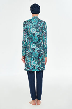 Likralı Tam Kapalı Tesettür Mayo Desenli 3104 Koyu Lacivert | XXL