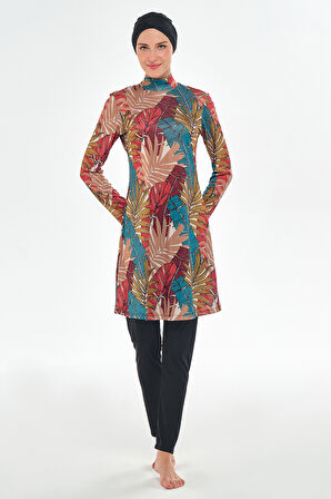 Likralı Tam Kapalı Tesettür Mayo Desenli 3107 Siyah | XXL