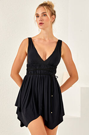 V Yaka Belden Bağlamalı Elbise Mayo Etekli Mayo Yüzücü Mayo 3580 Siyah | 36