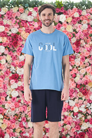 Erkek Şort Tshirt Pijama Takımı 25252 Mavi  | M
