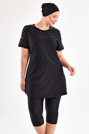 UV Korumalı Büyük Beden Yarı Kapalı Tesettür Mayo 1805 Siyah | 5XL