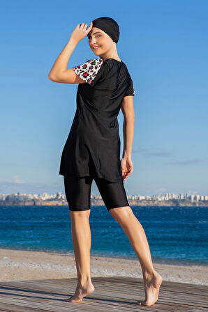 Lİkralı Kısa Kollu Yarı Kapalı Mayo 25222-1 Siyah | M