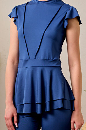 Likralı Kolsuz Yarı Kapalı Mayo Fırfır Detaylı T1024-19 Lacivert | 46