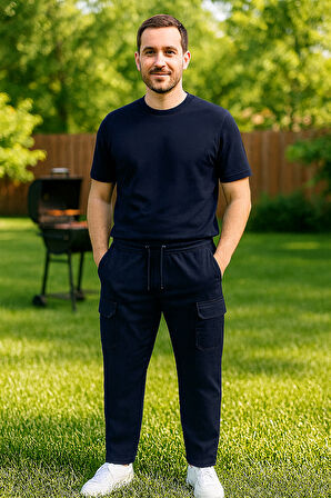 Kargo Cep Detay Düz Paça Erkek Eşofman Altı 24707 Lacivert | L