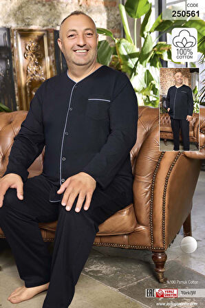 Büyük Beden Erkek Aydoğan Pamuk Uzun Kol Pijama Takımı 250561 Lacivert | 4XL