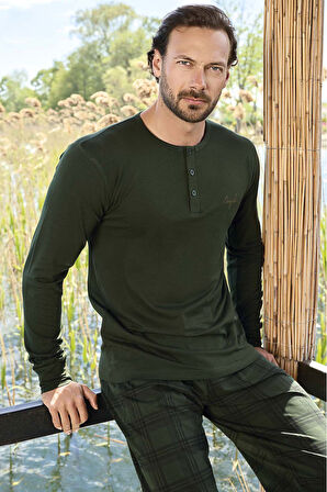 Erkek Aydoğan Modal Uzun Kol Pijama Takımı 3439 Haki | M