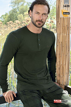 Erkek Aydoğan Modal Uzun Kol Pijama Takımı 3439 Haki | M