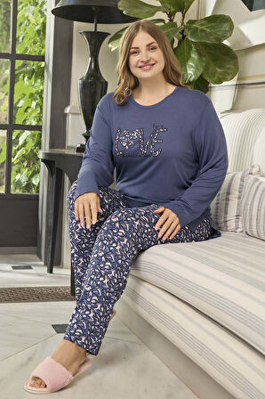 Büyük Beden Kadın Viskon Uzun Kol Pijama Takımı 240656 Mor | 4XL