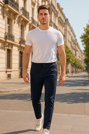 Paçası Düz Beli Lastikli 3 Cepli Erkek Eşofman Altı 7051 Lacivert | XL