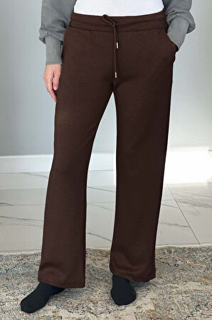 Beli Lastikli Pantolon Görünümlü Bol Paça Kadın Eşofman Altı 8015 Kahverengi | 42