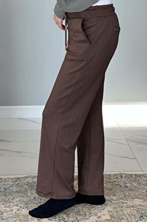 Beli Lastikli Pantolon Görünümlü Bol Paça Kadın Eşofman Altı 8015 Kahverengi | 42