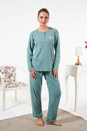 Kadın İnterlok Şardonlu Fitilli Pijama Takımı 25330 Mint | L