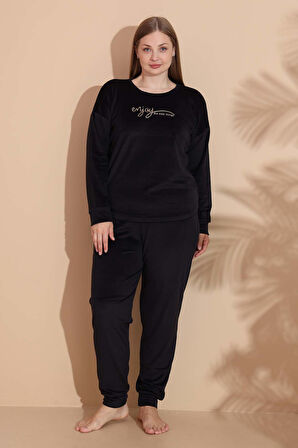 Kadın Battal Kadife Baskılı 2'li Takım 25390 Siyah | 5XL