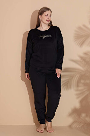 Kadın Battal Kadife Baskılı 2'li Takım 25390 Siyah | 5XL