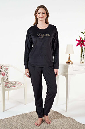 Kadın Kadife Baskılı 2'li Takım 25380 Siyah01 | XL