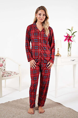 Kadın Süet Önden Düğmeli Pijama Takımı 25331 Kırmızı | L