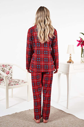 Kadın Süet Önden Düğmeli Pijama Takımı 25331 Kırmızı | L
