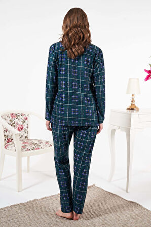 Kadın Süet Önden Düğmeli Pijama Takımı 25331 Yeşil | L