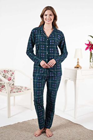 Kadın Süet Önden Düğmeli Pijama Takımı 25331 Yeşil | L