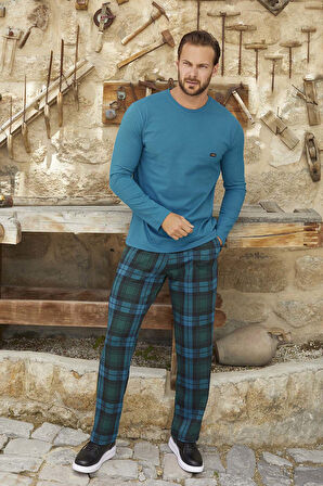 Erkek Aydoğan Jakarlı Uzun Kol Pijama Takımı 3385 Petrol | L