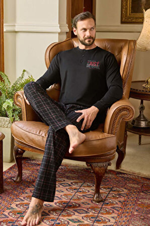 Erkek Aydoğan Pamuk Uzun Kol Pijama Takımı 240798 Siyah | L