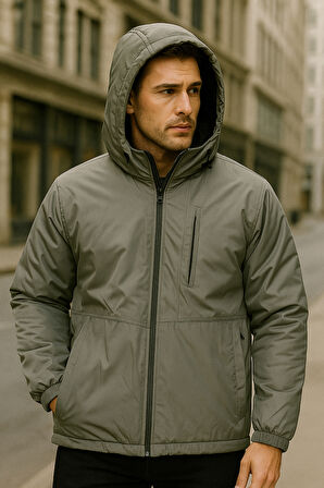 Erkek Kapüşonlu Cep Detaylı İçi Polar Kışlık Mont 2571 Haki | M