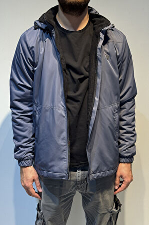 Erkek Kapüşonlu Cep Detaylı İçi Polar Kışlık Mont 2571 Füme | L