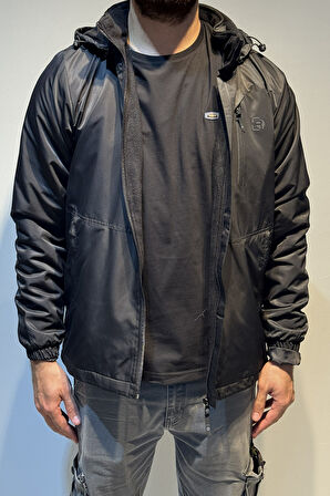 Erkek Kapüşonlu Cep Detaylı İçi Polar Kışlık Mont 2571 Siyah | L