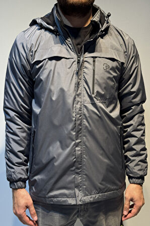 Erkek Kapüşonlu Cep Detaylı İçi Polar Kışlık Mont 2540 Füme | L