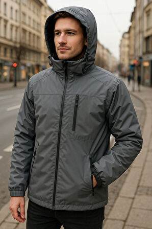 Erkek Kapüşonlu Cep Detaylı İçi Polar Kışlık Mont 2540 Füme | XL