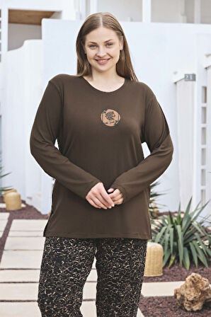Büyük Beden Kadın Uzun Kol Pijama Takımı 250493 Kahverengi | XXL