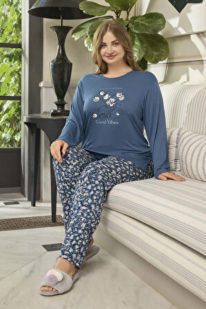 Büyük Beden Viskon Kadın Uzun Kol Pijama Takımı 240660 Mavi | 3XL