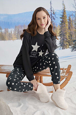 Kadın Termal Uzun Kol Pijama Takımı 30073 Siyah | M