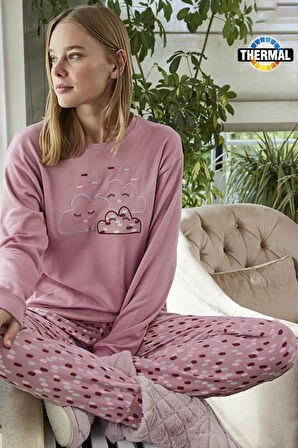 Kadın Termal Uzun Kol Pijama Takımı 30021 Pembe | L