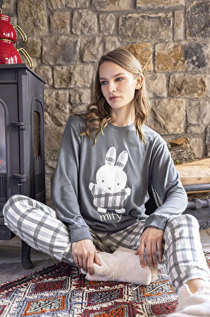Kadın Termal Uzun Kol Pijama Takımı 30062 Gri | XL