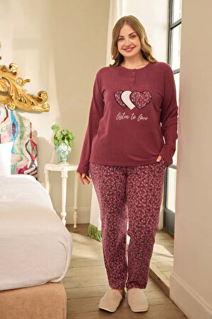 Büyük Beden Termal Kadın Uzun Kol Pijama Takımı 240678 Mürdüm | 4XL