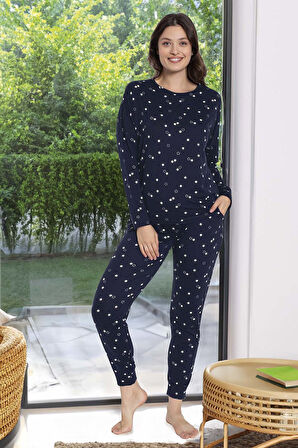 Kadın Yıldız Desen Uzun Kol Pijama Takımı 240928 Lacivert | XXL