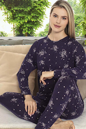 Kadın Yıldız Desen Uzun Kol Pijama Takımı 240966 Mor | M