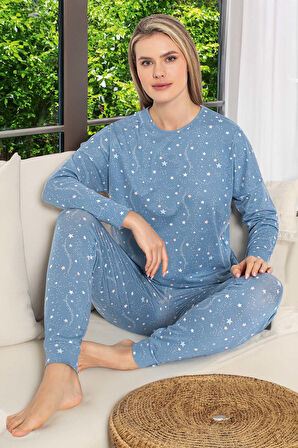 Kadın Renkli Yıldız Desen Uzun Kol Pijama Takımı 240977 Mavi | XL