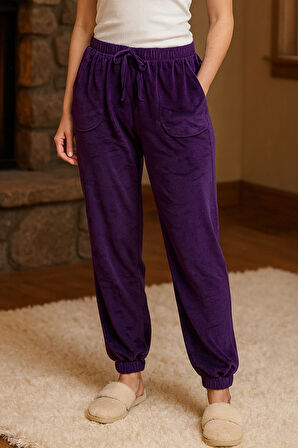 Kadın Kadife Paçası Lastikli Cep Detaylı Tek Alt 503 Mor | XXL