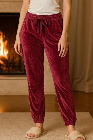 Kadın Paçası Lastikli Cep Detaylı Kadife Kumaş Tek Alt 503 Mürdüm | M