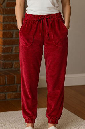 Kadın Paçası Lastikli Cep Detaylı Kadife Kumaş Tek Alt 503 Bordo | M