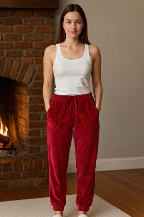 Kadın Paçası Lastikli Cep Detaylı Kadife Kumaş Tek Alt 503 Bordo | M