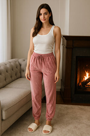 Kadın Paçası Lastikli Cep Detaylı Kadife Kumaş Tek Alt 503 Pembe | XL