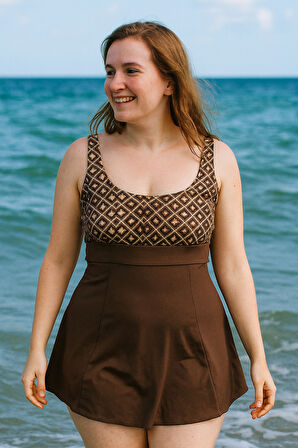 Etekli Elbise Mayo Yüzücü Mayo Desenli 335-452 Kahverengi | 46